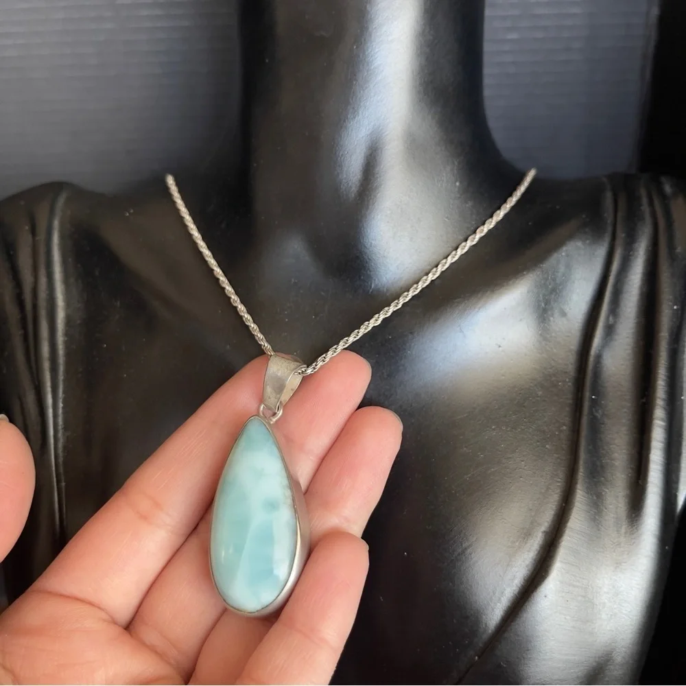Very heavy Sterling silver larimar 20 inch necklace 2 inch pendant